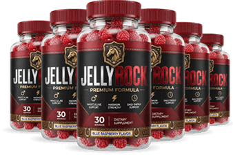 six bottles of blue raspberry gummy supplement arranged together, black red and gold label with hors